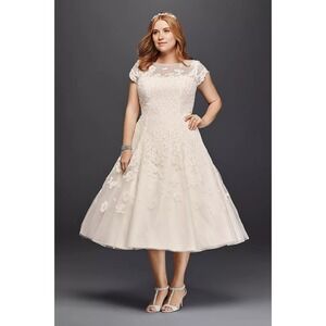 Oleg Cassini Ivory Tea Length Beaded And Lace Wedding Dress Cmk513 Sz 18W